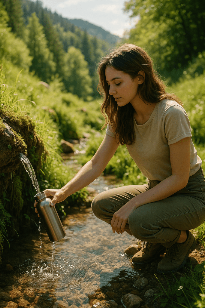Vrouw drinkt zuiver water uit een natuurlijke bron – symbool voor duurzame hydratatie en innerlijke rust