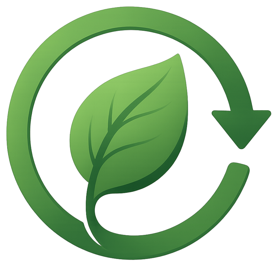Logo van DuurzameKeuzes.blog: groen blad met circulaire pijl als symbool voor hergebruik en ecologische keuzes.