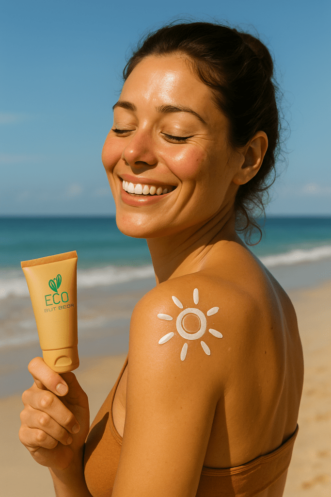 Vrouw met zonnesymbool op haar schouder die duurzame zonnecrème aanbrengt op het strand