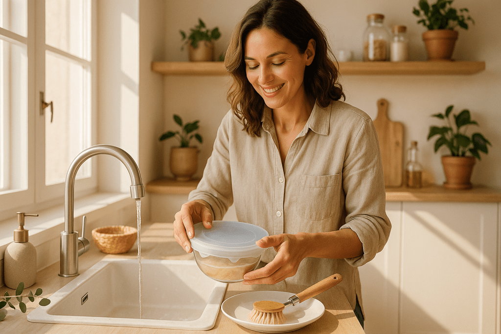 Herbruikbare koffiefilter, siliconen deksel en bijenwasdoek met halve citroen naast twee kopjes koffie op een licht houten tafel.