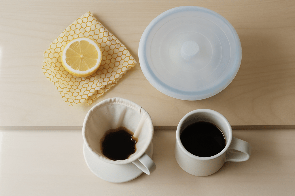 Herbruikbare keukenproducten zoals bijenwasdoeken, glazen potten, siliconen deksels, koffiefilters en netzakjes op een houten ondergrond.