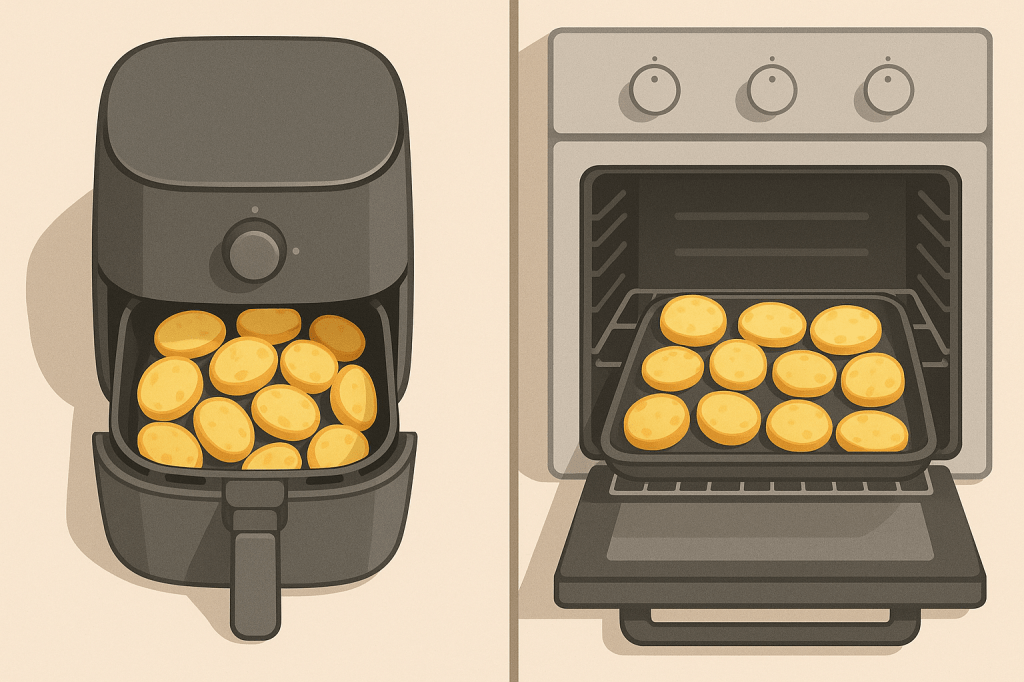 Visuele vergelijking tussen een airfryer en een oven die beiden aardappelen bereiden, gezien van bovenaf.