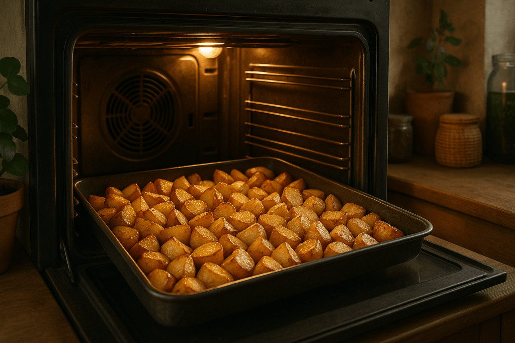 Grote portie geroosterde aardappelen in een oven, geschikt voor een gezin, in een warme en duurzame keukenomgeving.