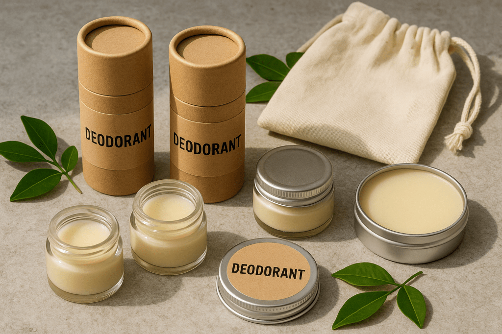 Assortiment natuurlijke deodorants in vaste vorm, met papieren of glazen verpakking – duurzame alternatieven voor klassieke sprays.

