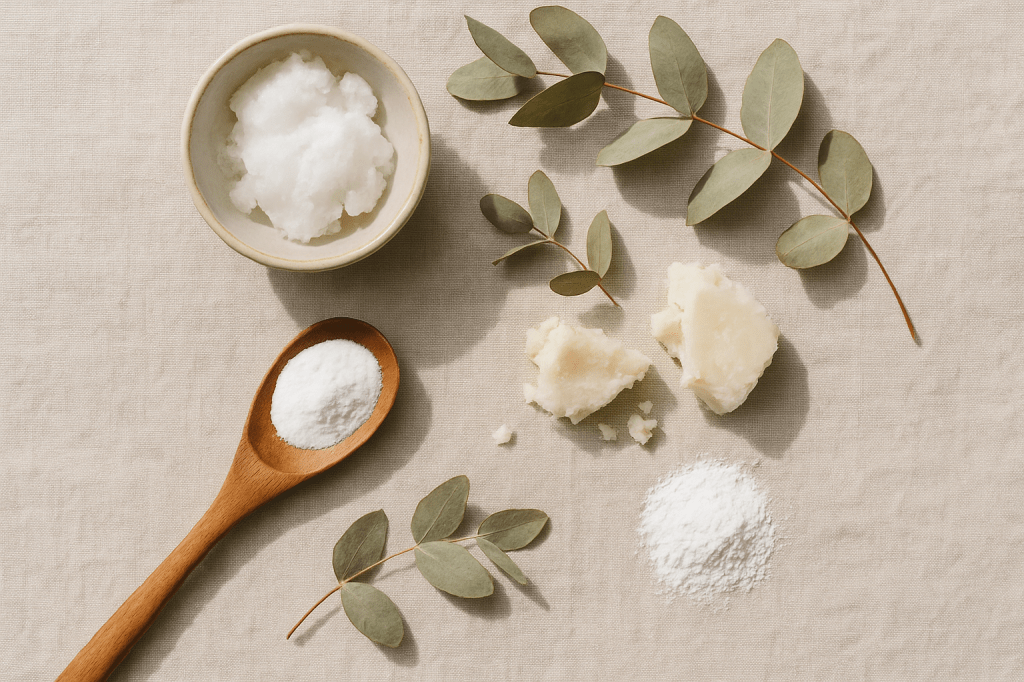 Close-up van natuurlijke ingrediënten zoals kokosolie en sheaboter naast een open deodorant-stick – benadrukt huidvriendelijkheid en transparantie.