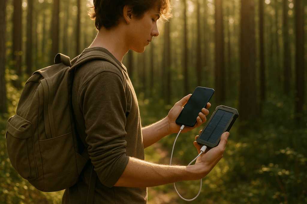 Een wandelaar die zijn smartphone oplaadt met een duurzame powerbank tijdens een trektocht door de natuur.