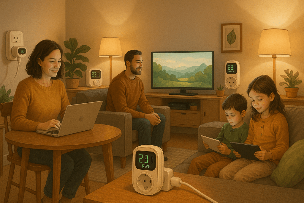 Gezin dat thuis meerdere apparaten gebruikt met zichtbare slimme stekkers en energiemeters