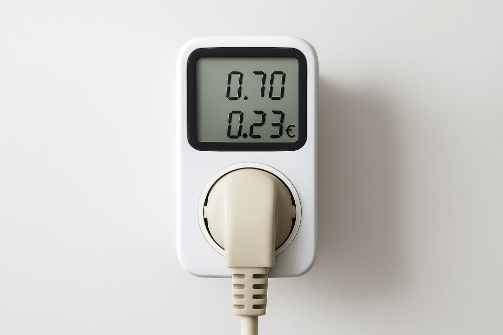 Close-up van energiemeter in stopcontact met verbruikswaarden op display