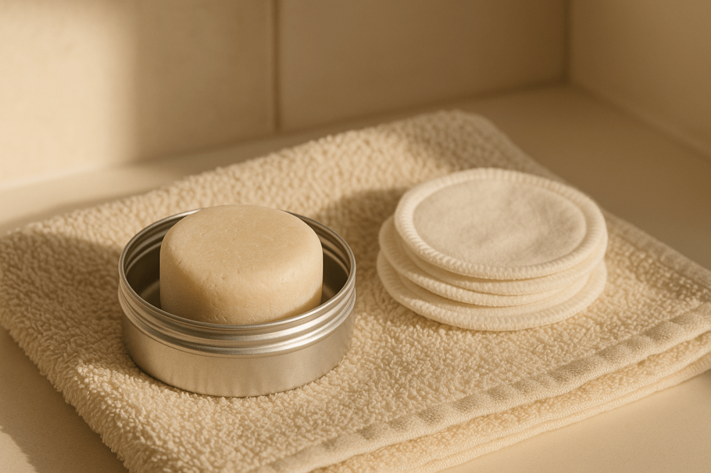 Shampoo bar en herbruikbare wattenschijfjes in metalen doosje op handdoek, klaar voor gebruik in de badkamer