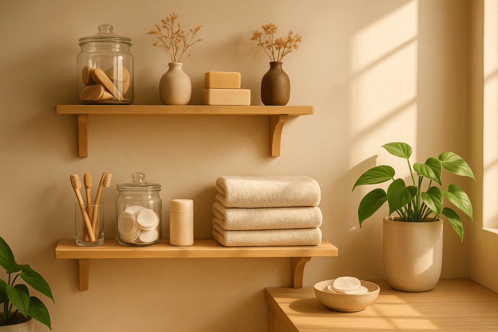 Minimalistische badkamer met duurzame wellnessproducten zoals herbruikbare wattenschijfjes, natuurlijke deodorant en bamboe borstels. Warme belichting, houten rekken en een rustgevende, plantaardige sfeer.