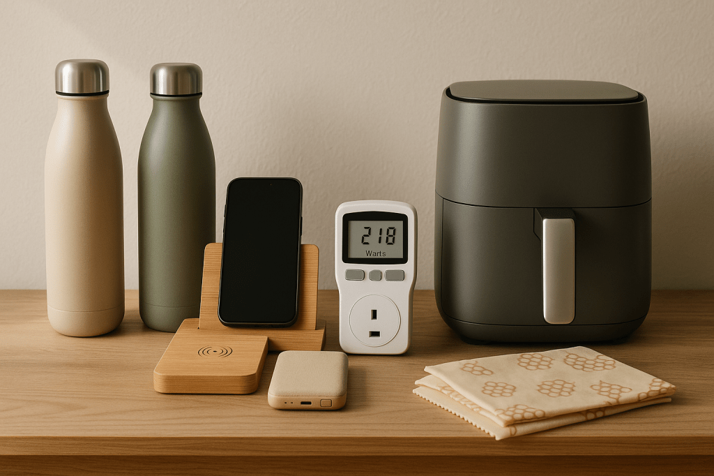 Stijlvol interieur met duurzame gadgets zoals drinkflessen, powerbank, energiemeter, airfryer en bijenwasdoeken. Alles rustgevend gepresenteerd in hout en linnen, onder zacht daglicht.