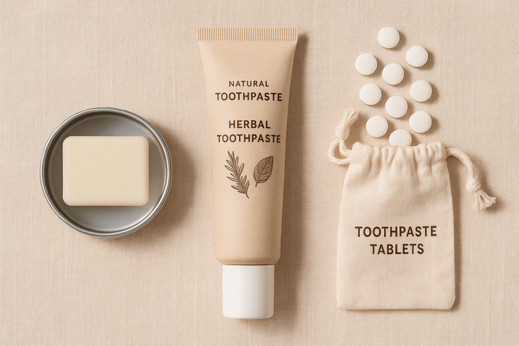 Drie soorten natuurlijke tandpasta: een vaste pasta, tabletten en een recycleerbare tube, op linnen doek gepresenteerd.