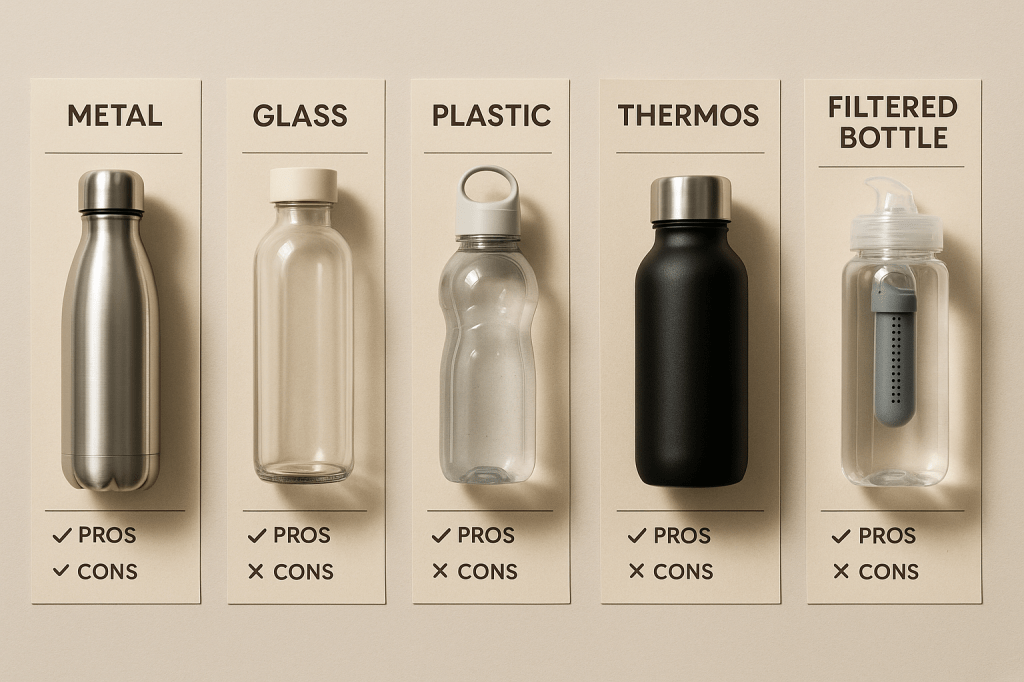 Vergelijking van vijf herbruikbare drinkflessen met voor- en nadelen op kaartjes, gefotografeerd van bovenaf in een overzichtelijke eco-vriendelijke opstelling.