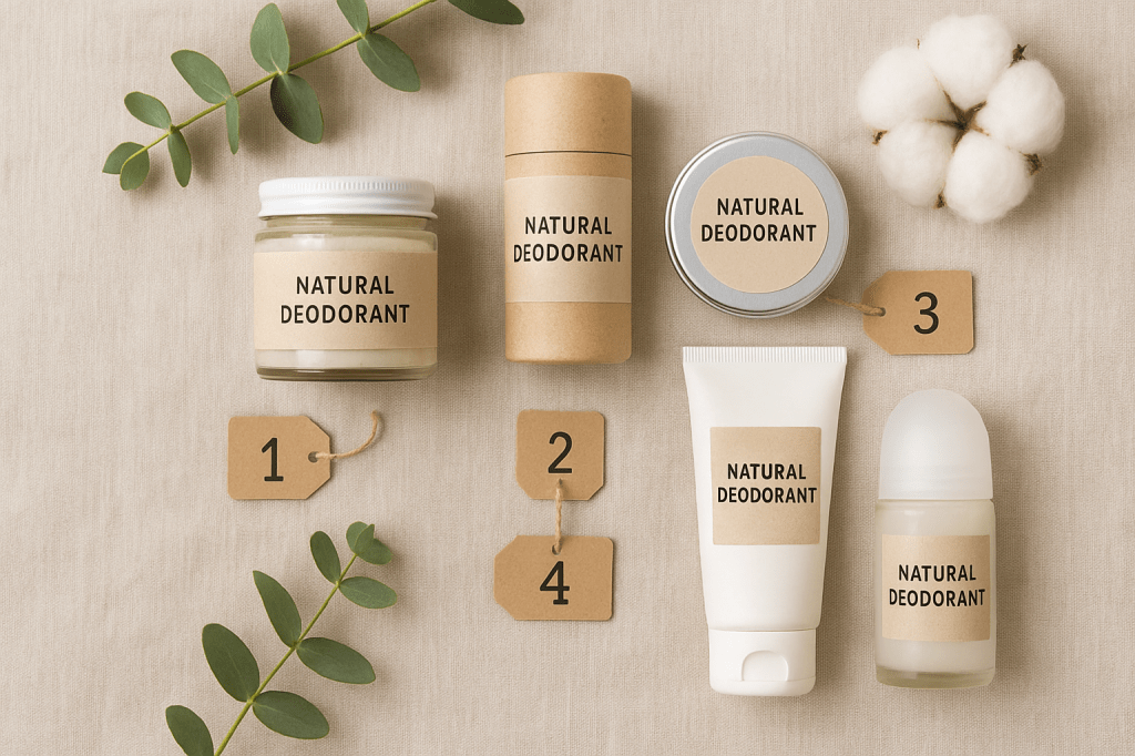 Vergelijking van vijf natuurlijke deodorants in verschillende duurzame verpakkingen, genummerd op een linnen achtergrond met plantaardige accenten.