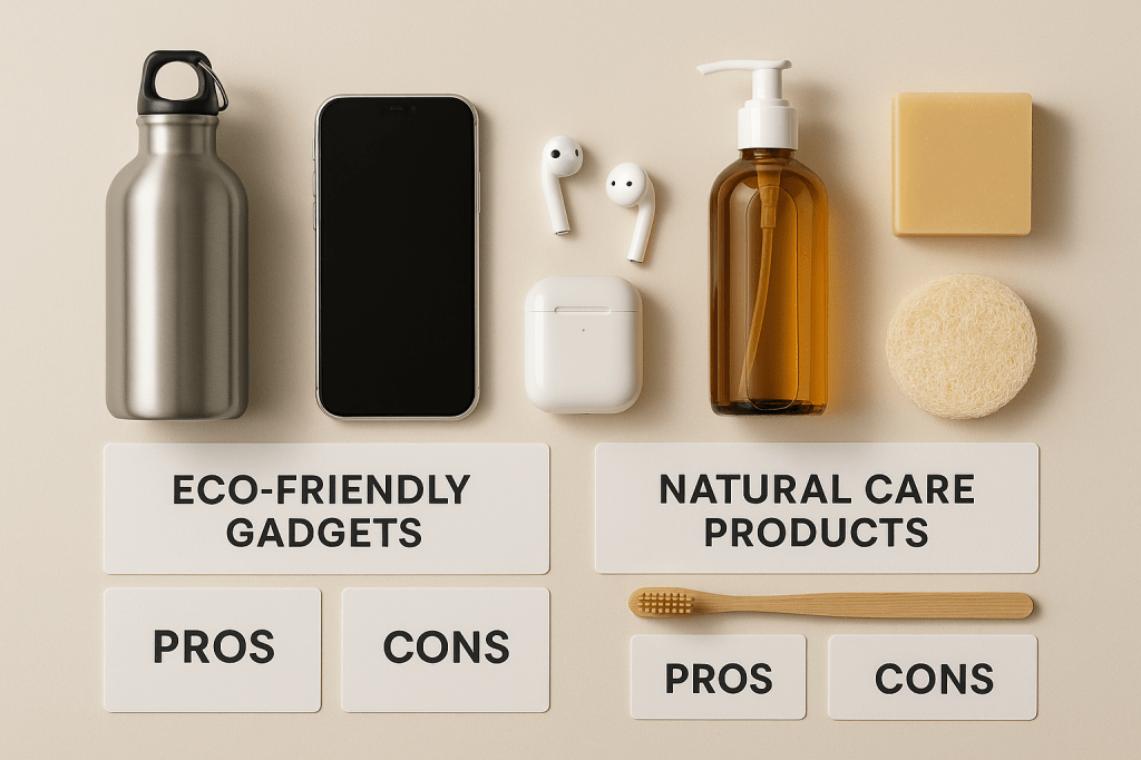 Vijf duurzame producten naast elkaar met vergelijkingstabellen: pros en cons van drinkflessen, deodorant en wattenschijfjes.