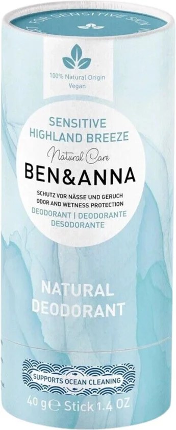 Ben & Anna Sensitive natuurlijke deodorant – Highland Breeze geur, blauw papieren stickformaat, geschikt voor gevoelige huid – 40g